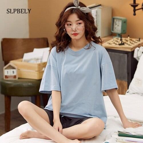 SLPBELY Women Pajamas Set Pyjamas Summer Solid Casual Short Sleeve Homesuit Nightwear Homewear Cotton Shorts Sleepwear Set 3XL