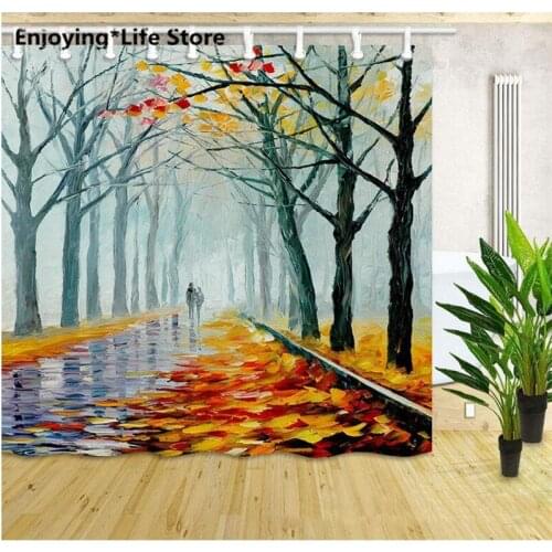 Oil Painting Landscape Shower Curtain Waterproof Fabric Shower Curtain Bathroom Decoration 72 x 72 with 12 Hooks