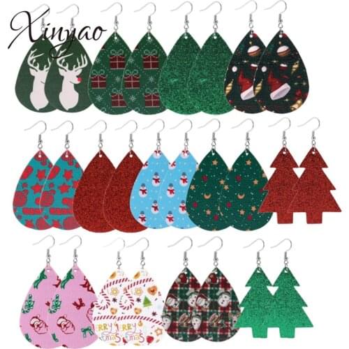 Christmas Dangle Drop Earrings Enthic Bohemia Christmas Tree Snow Deer Long Pu Leather Earrings for Women Girl Gift Wholesal