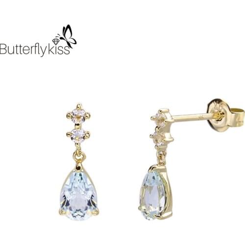 BK 9k Yellow Gold Aeroides Stud Earrings For Women Genuine Gold 585 Water Drop Topaz Gemstone Jewelry Wedding Engagement Gifts