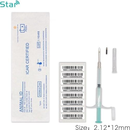 2.12x12MM Animal Glass tag Injector with ICAR Number 134.2KHz Animal Microchip Syringe EM4305 Chip tube confirm to ISO11784/85