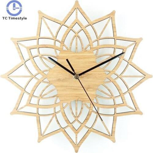Natural Wood Lotus Modern Wooden Wall Clock Fashion Creative Bamboo Wall Hanging Watch Quartz Mute Clocks