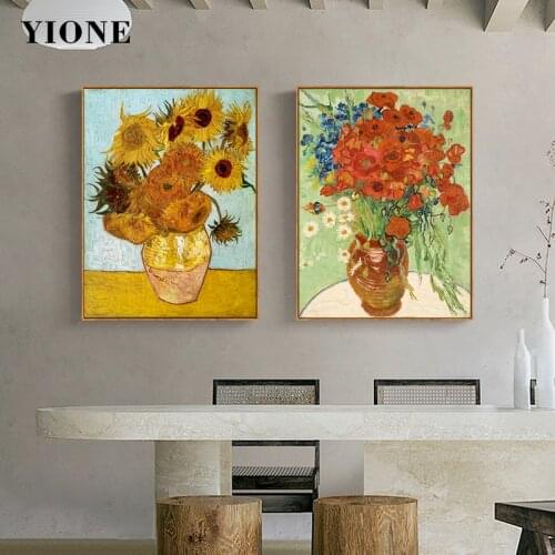 Van Gogh Sunflower Bottle Vase Oil Painting on Canvas Classic Art Flower Posters and Prints Wall Pictures for Living Room Decor