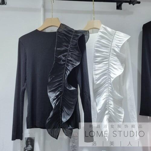 Spring autumn new diamond-studded chain 3D decoration fashion top womens ruffled patchwork slim T-shirt solid color blouse