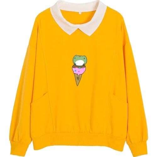 Harajuku Frog Sweatshirts for Women Cotton Aesthetic Hoodies for Girls Casual Loose Sweatsuit with Pocket All-match Korean Tops