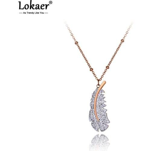 Lokaer Rose Gold Titanium Stainless Steel Feather Charm Choker Necklaces Bohemia CZ Crystal Pendant Necklace For Women N20009