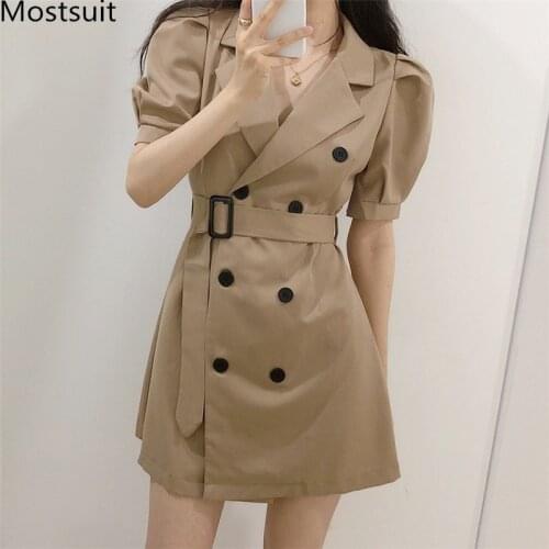 2020 Summer Korean Vintage Double-breasted Suit Dress Women Puff Sleeve Notched Collar Belted Mini Dresses Fashion Solid Vestido