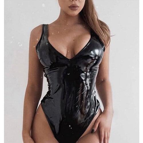 Lemishion Black PU Leather Women Bodysuit 2020 Sleeveless Sexy Body Top Female Party Clubwear V Neck Strapless Bodysuits Gothic