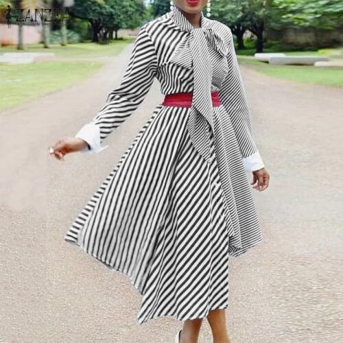Fashion Women Striped Shirt Dress ZANZEA Autumn Long Sleeve Bow Tie Asymmetrical Sundress Stylish Patchwork Midi Vestidos Robe