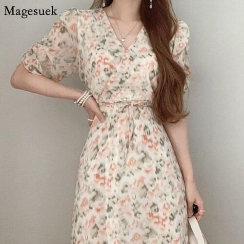 Vintage Short Sleeve Summer Dress Women 2021 Chic Elegant Party Floral Dress Ladies V Neck Lace-Up Chiffon Dresses Robes 14534