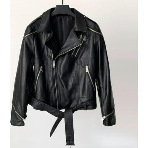 2021 Autumn New Leather Clothes Womens Short Zipper Lace Up Leather Jacket Sheep Skin Locomotive Leisure Coat Motorcycle