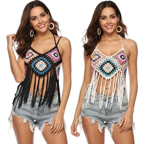 2021 Women Summer Beach Crochet Halter Bikini Crop Top Boho Colorful Hollow Out Camisole Irregular Tassel Sexy Bralette Vest