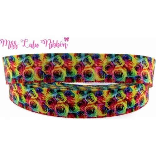 5/8"16mm rainbow rose flower printed fold over elastic ribbon floral foe diy handmade hair bows wedding decoration 50 yards