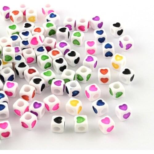 500g Opaque Acrylic European Beads, Large Hole Cube Beads, with Heart Pattern, Black, 7x7x7mm, Hole: 4mm, about 1900pcs/500g