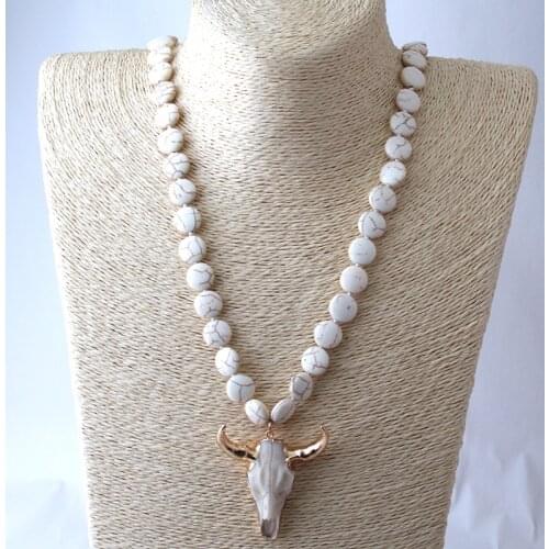 Free Shipping Fashion Knotted Flat White Stone Horn Pendant Ethnic Necklace Bohemian Tribal Jewelry