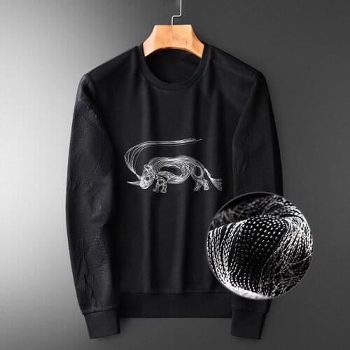Black Luxury Chest Embroidery Round Neck Hoodies Men Fashion Jacquard Sleeve Sweatshirt Male Plus Size 4XL