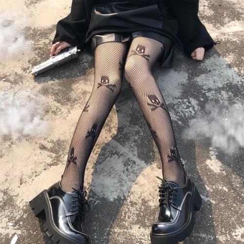 Girl Stockings Punk Hottie Black Pantyhose Kitty Cat Pattern Fishnet Stockings Ins Style Harajuku Hosiery Nylon Womens Tights