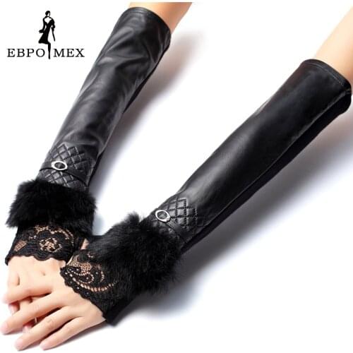 Long gloves ,Genuine Leather,Length 40-50CM,Cotton,Adult,True black fur gloves,Spandex, leather gloves,Free shipping
