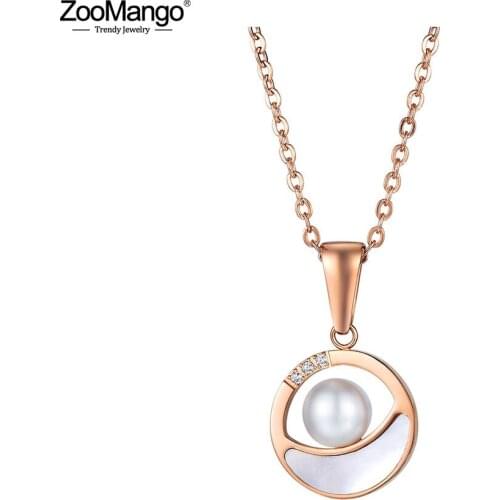 ZooMango Trendy Stainless Steel White Pearl Pendant Necklace Rose Gold CZ Crystal Charm Choker Necklace For Women Girls ZN17093