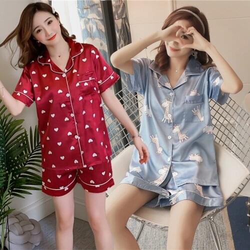 2021 Summer Short Sleeve Silk Satin Print Pajama Sets for Women Shorts Sleepwear Suit Pyjamas Homewear Pijama Mujer Home Clothes