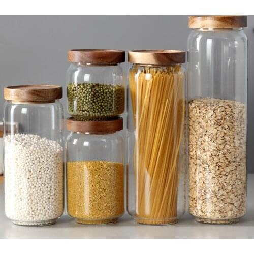 1pc Kitchen Airtight Canister Food-grade Glass Jar Food Container Storage Wood Lids Household For Storing Preserving Pasta Bean