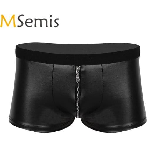 Swimwear Mens Swimsuit Lingerie Wet Look Faux Leather Zipper Bulge Pouch Low Rise Boxer Briefs Shorts Latex Underwear Underpants