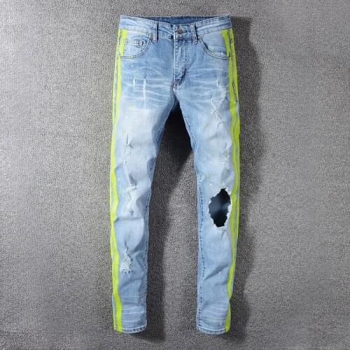 2021 New Mens neon yellow color lines patchwork ripped jeans Fashion holes destroyed denim stretch pants Leisure simplicity