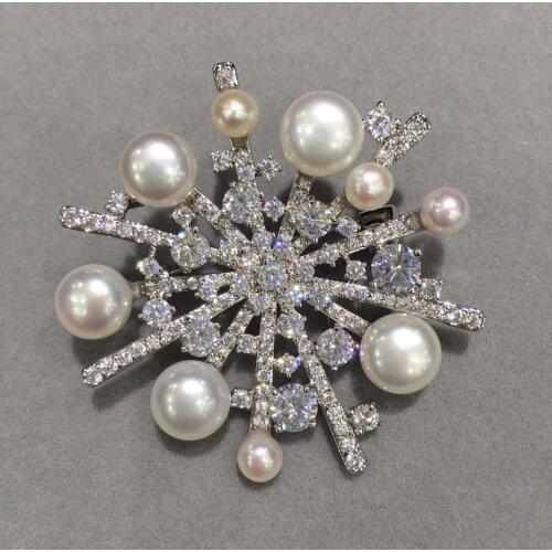 Natural fresh water pearl brooch pendant double use copper with cubic zircon fireworks flower brooch fashion women jewelry