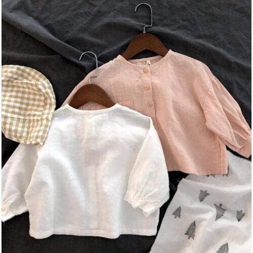 2021 new girls boys shirt cotton linen full sleeve autumn kids top