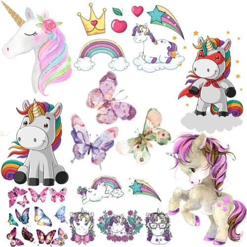 Cute Butterfly Patch Iron On Transfers For Clothing Heat Transfer Vinyl Cartoon Unicorn Stripes Thermal Stickers On Clothes
