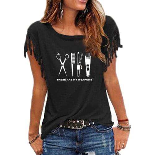 2019 Summer Barber T Shirt Women Short Sleeve O-Neck Cotton Hairdresser Weapon Girls scissors Clothing Tops