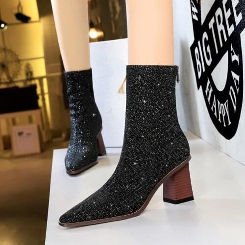 BIGTREE 2019 New Women Ankle Boots Sexy Crystal Rhinestones High Heeled Boots Mujer Female Autumn Winter Zip Party Boots Pumps