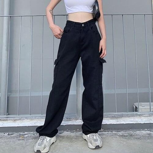 2021 Women Fashion Straight Denim Pants Ladies High Waist Pockets Loose Loose Jeans Cargo Pants Casual Jeans Pantalon Trousers