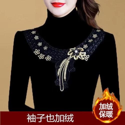 Woman Tshirts Autumn Winter Collar Lace Elastic plus Size Mid-Sleeved T-shirt Women Tops Mujer Camisetas