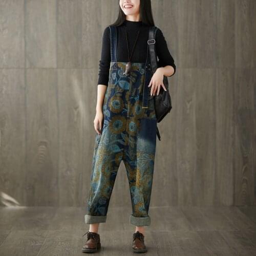 Female Printed Wide Leg Denim Jumpsuits Plus Size Baggy Suspenders Bib jean Trousers Drop Crotch Rompers Loose Denim Overalls