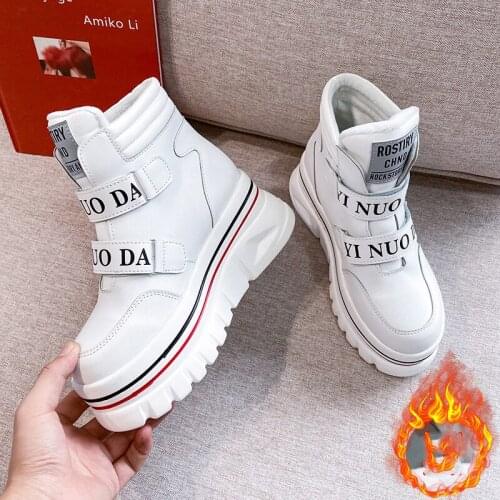 Women Snow Boots Thick Sole Soft Leather High Platform Ankle Boots White Chunky Sneakers Warm Plus Velvet Winter Boots Shoes 6CM