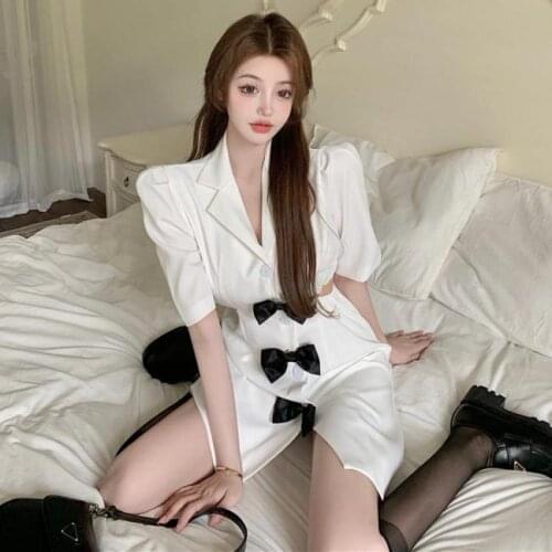 Women Blazer Single Breasted Sleeveless Dress Fashion Bow Vimtage Lady Summer High Waist Work Formal Solid Short Dress