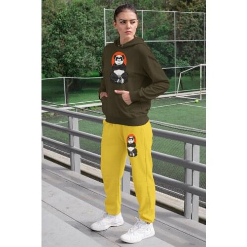 Angemiel Wear Fighter Panda Women 'S Tracksuit Set Green Hooded Sweatshirt Yellow Sweatpants