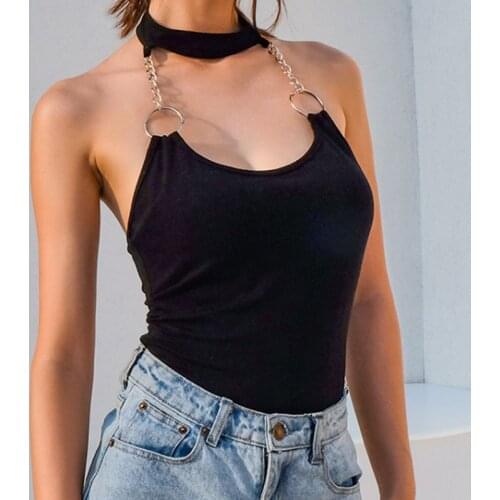 Female Metal Chain Halter Bodysuits Black Sleeveless One Piece Romper Skinny Backless Sexy Top Women Summer Vestido De Mujer