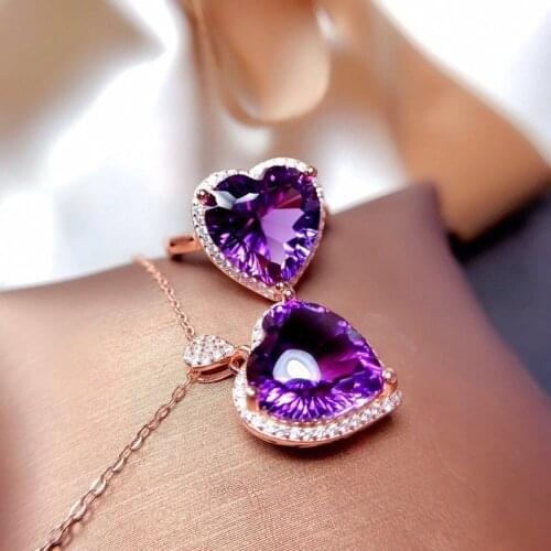 New Temperament Oval Amethyst Pendant Necklaces for Women Korean Style Exquisite Fashion Heart-shaped Open Rings Necklaces Set