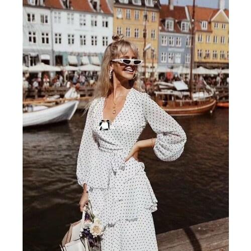 Sexyboutique Top Quality New Summer Dress Women V-Neck Polka Dot Print Cascading Ruffle Style Party Long Sleeve Dress Holiday