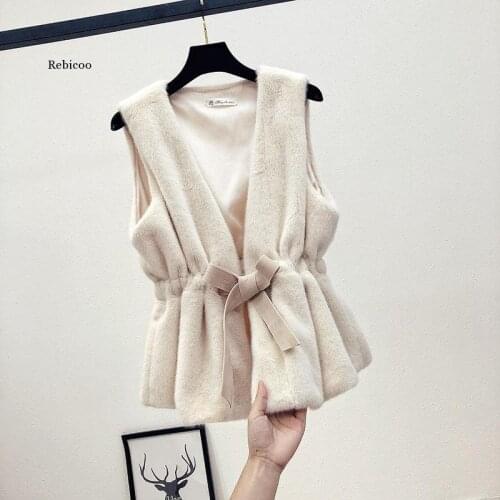 Winter Warm Women Faux Mink Fur Vest Jackets Fake Fleece Fur Sleeveless Slim Coat Tops Outerwear Soild Waistcoat with Belt