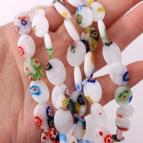 100pcs/lot 10*13mm colors mixed oval shape flower pattern half flat lampwork glazed glass beads cabonchon DIY jewelry making