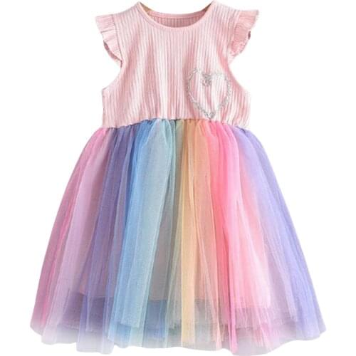 2021 2-7Y Kids Baby Girls Princess Dress Fly Sleeve Hearts Print Top Rainbow Striped Tulle Dress For Birthday Party