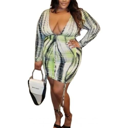 3XL 4XL 5XL Plus Size Women Dress Long Sleeve Printed V-neck Sexy Club Party Package Hip Bodycon Mini Dress 2021 Spring Summer