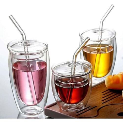 450ml Double-layer glass insulated dessert coffee mug with lid straw milk jug Transparent sealed cup creative drinkware