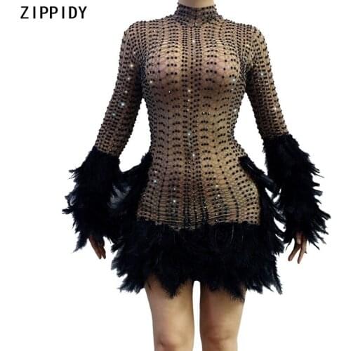 Black Rhinestone Feather Transparent Dress Bar Women Dance Singer Outfit Prom Birthday Celebrate Mesh Short Dress