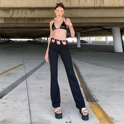 Low Waist Push Up Black Pants Women Hollow Out Summer Skinny Sweatpants Fashion Y2K Basic Long Pencil Trousers Ladies