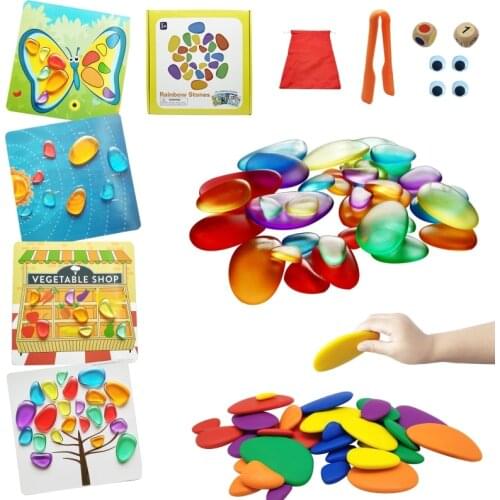 Kids Baby Educational Toys Montessori Rainbow Transparent Plastic Pebbles with Dices Early Learning Children Stacking Game Gifts