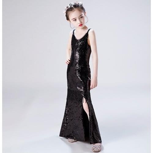 Big Kids Black Party Dresses 2021 Sleeveless Evening Elegant Teen Girls Prom V-Neck Off Shoulder Sexy Dress Child 3 To 6 14 Year
